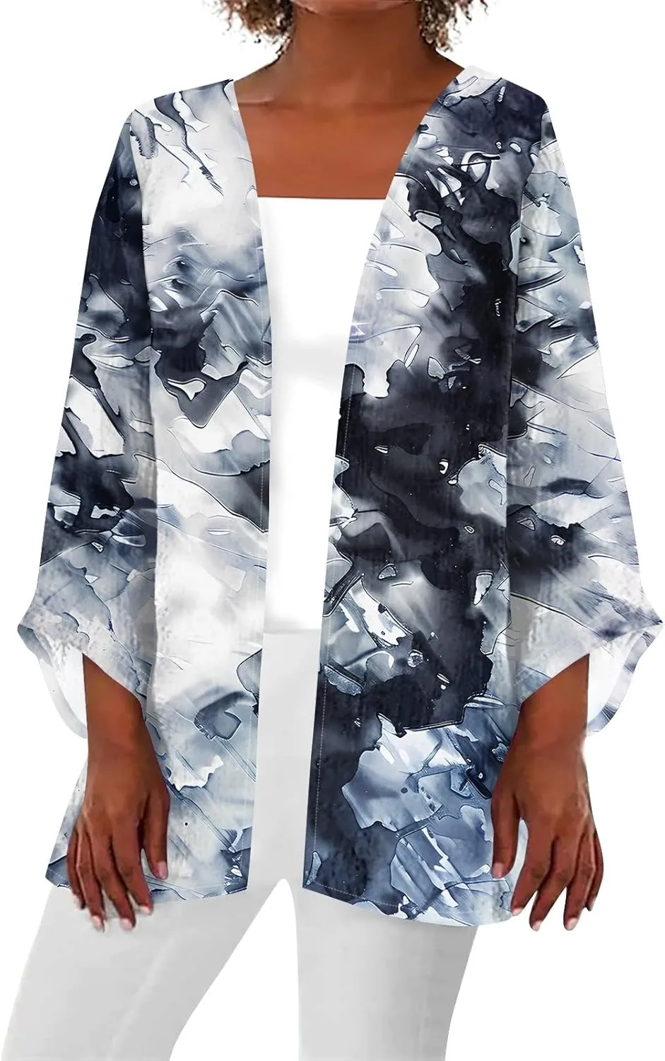 Women's Floral Print 3/4 Sleeve Kimono Cardigan Oversized Loose Fit Cover Up Casual Blouse Tops Boho Light Jacket