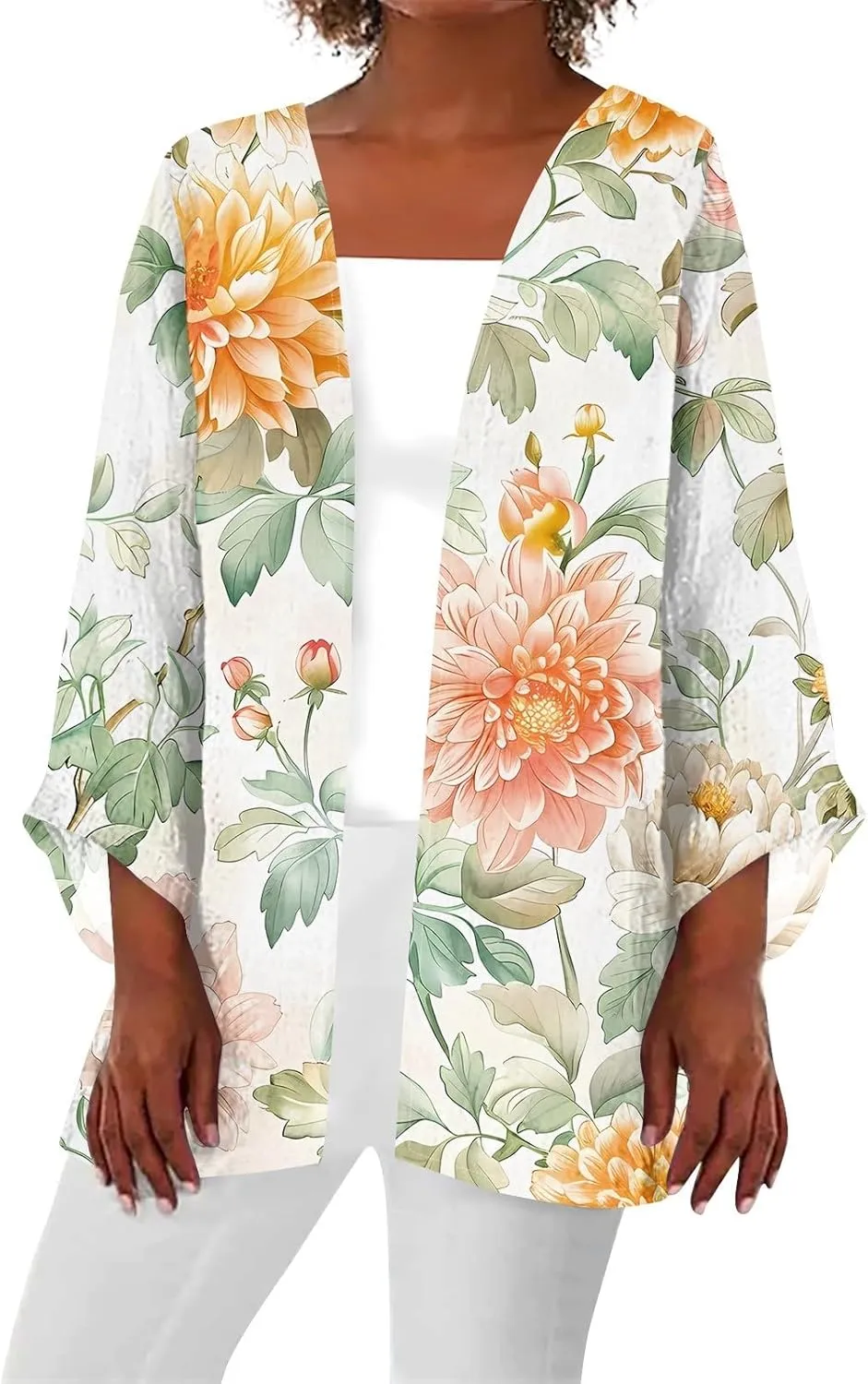 Women's Floral Print 3/4 Sleeve Kimono Cardigan Oversized Loose Fit Cover Up Casual Blouse Tops Boho Light Jacket