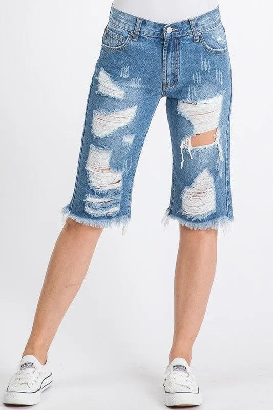 Womens Frayed Hem Bermuda Shorts