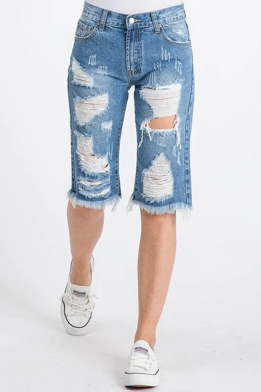 Womens Frayed Hem Bermuda Shorts