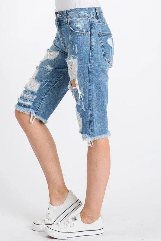 Womens Frayed Hem Bermuda Shorts