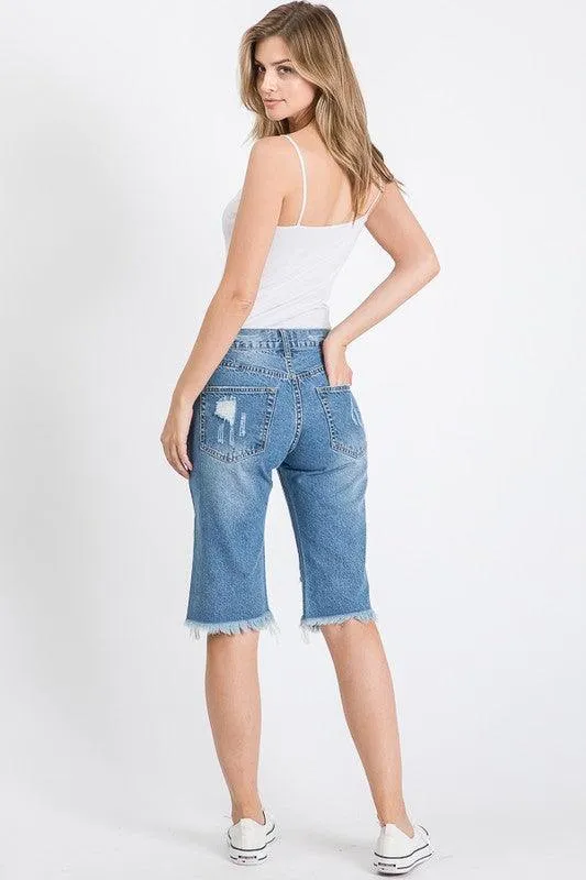 Womens Frayed Hem Bermuda Shorts
