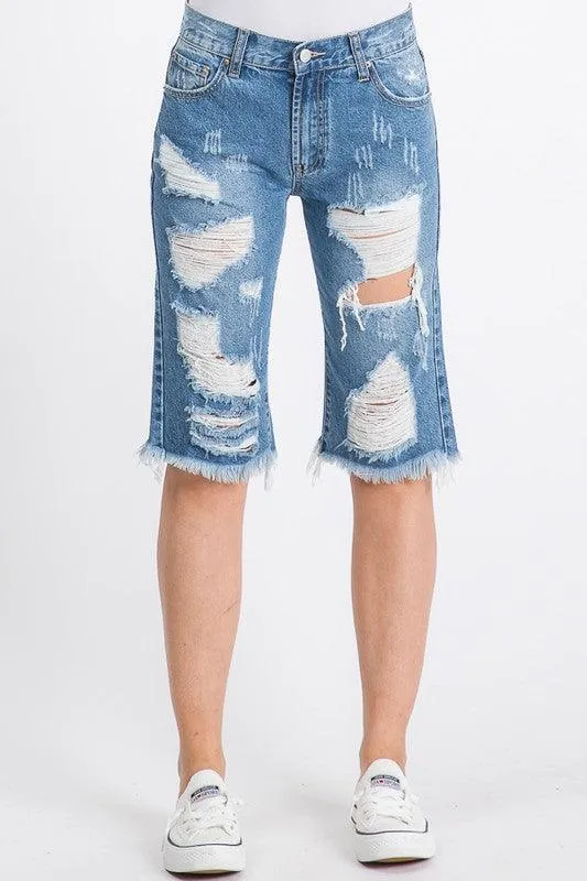 Womens Frayed Hem Bermuda Shorts