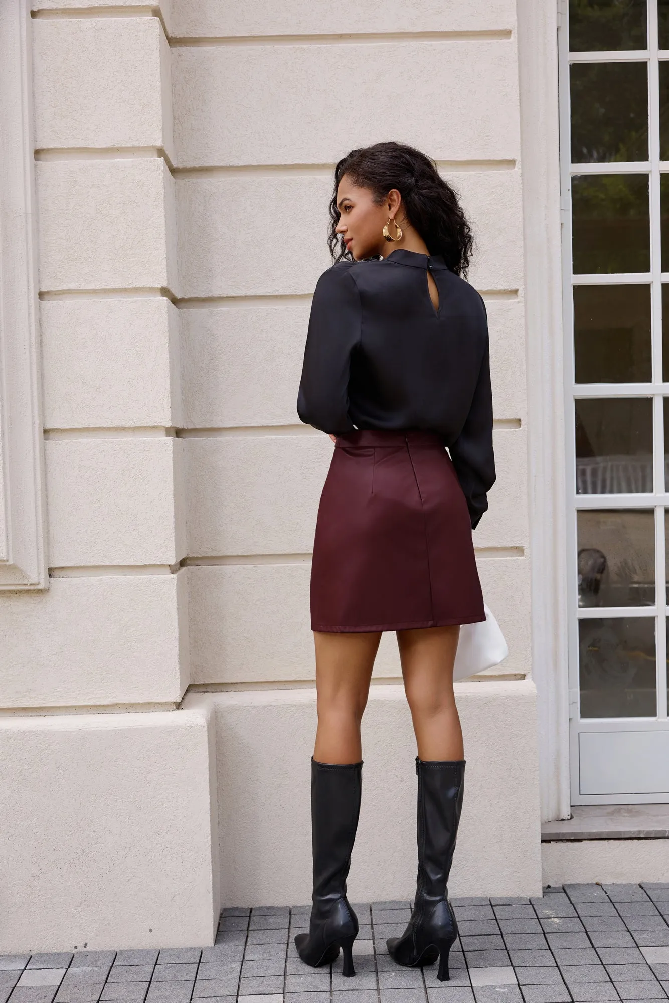Women's Leather Skirts Front Slit Ruched Bodycon Mini Skirt High Waist PU Leather Skorts