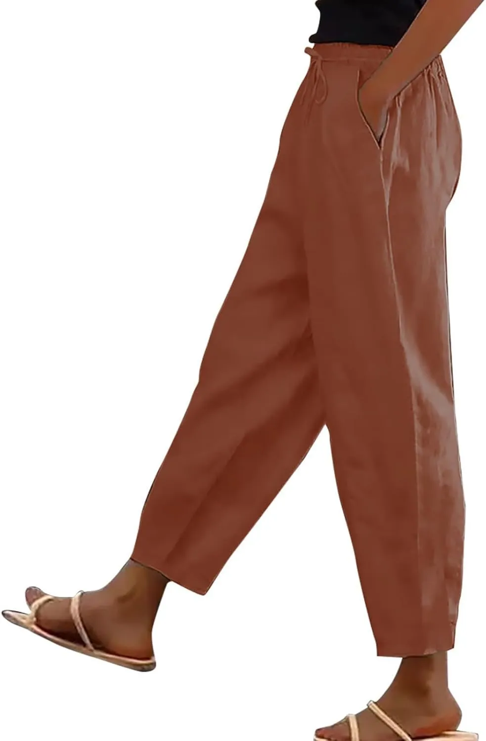 Womens Linen Pants Casual Straight Wide Leg Trousers Plus Size Women Summer Drawstring Loose Fit Pants with Pockets