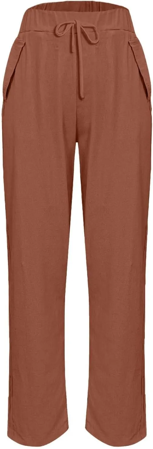 Womens Linen Pants Casual Straight Wide Leg Trousers Plus Size Women Summer Drawstring Loose Fit Pants with Pockets