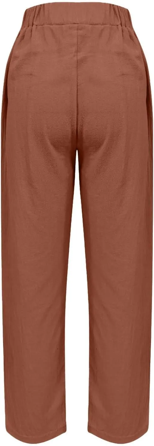 Womens Linen Pants Casual Straight Wide Leg Trousers Plus Size Women Summer Drawstring Loose Fit Pants with Pockets