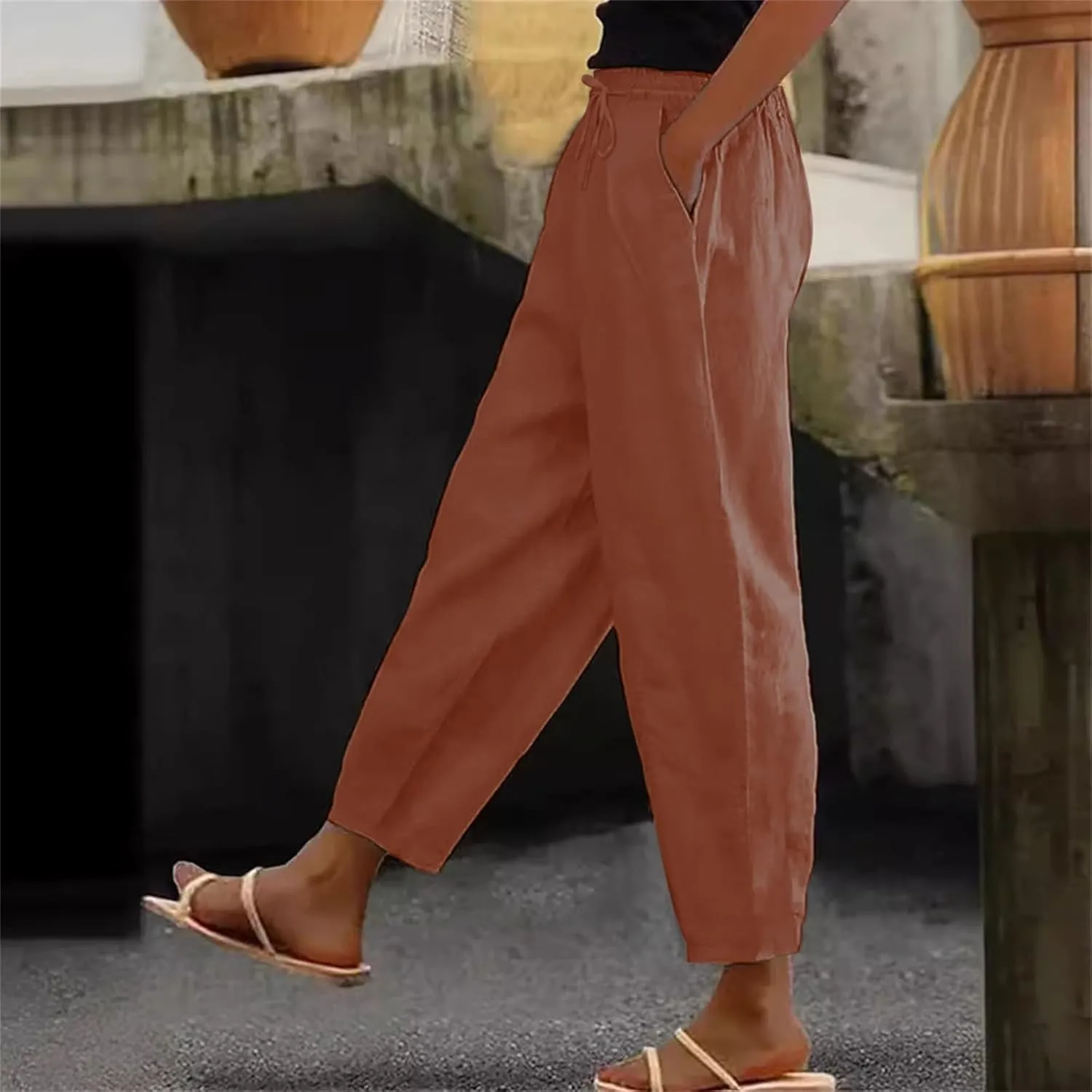 Womens Linen Pants Casual Straight Wide Leg Trousers Plus Size Women Summer Drawstring Loose Fit Pants with Pockets
