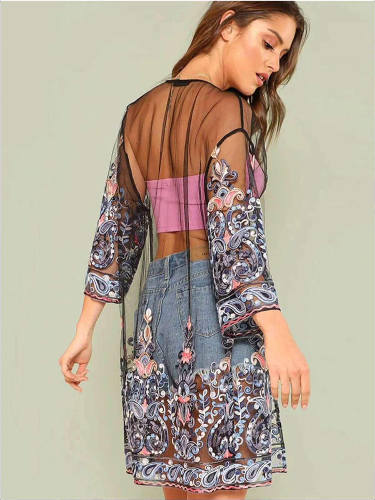 Women's Sheer Embroidered Paisley Kimono