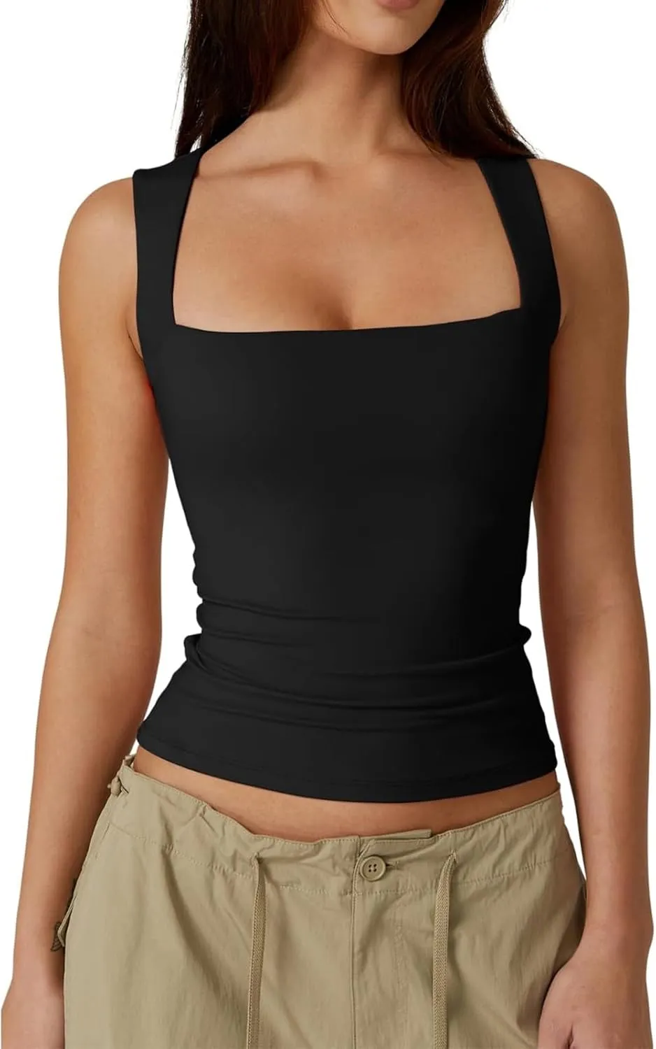 Women's Square Neck Double-Layer Tank Tops Sleeveless Basic Tight T Shirts Cropped Slim Fit Camisole
