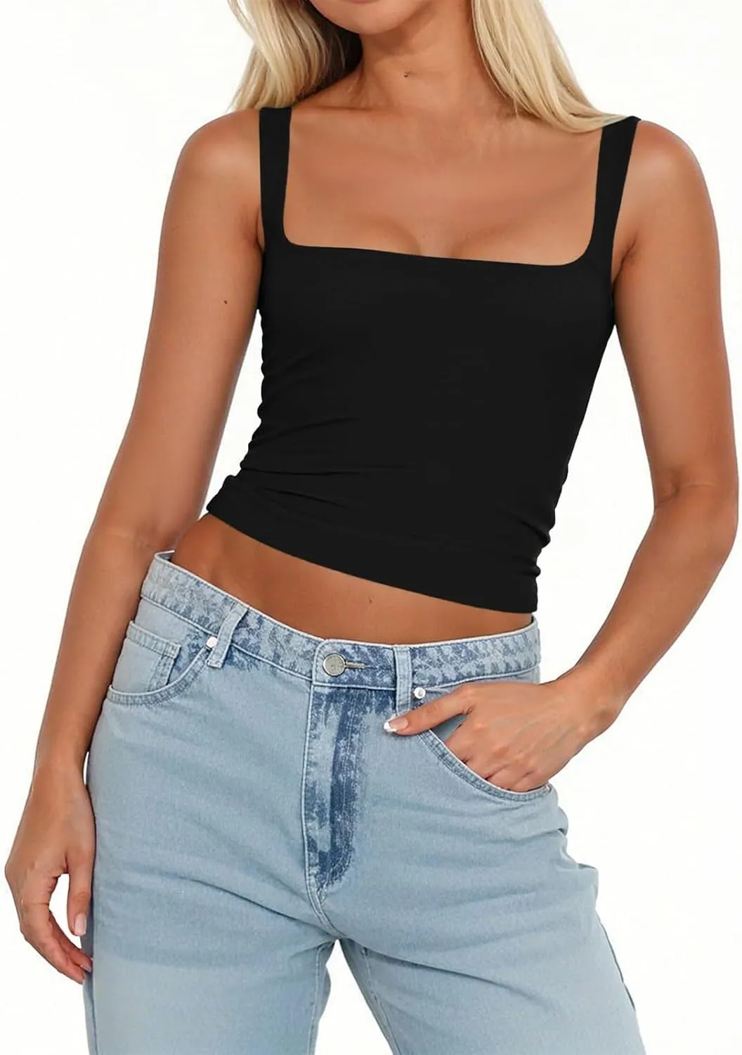 Women's Square Neck Double-Layer Tank Tops Sleeveless Basic Tight T Shirts Cropped Slim Fit Camisole