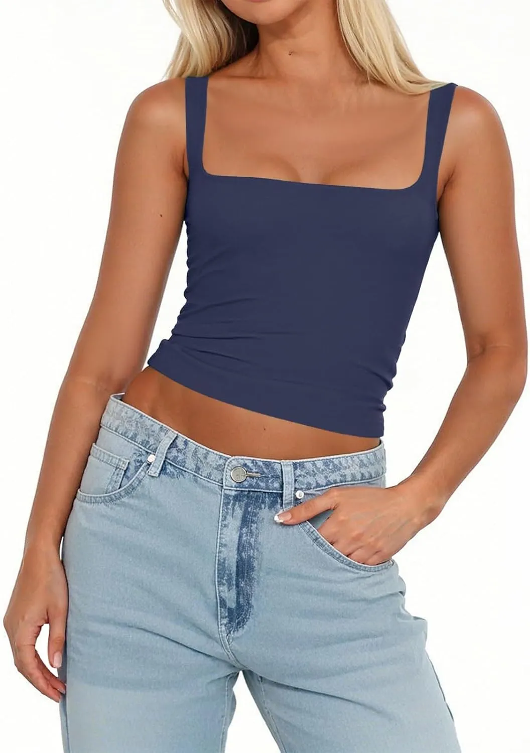 Women's Square Neck Double-Layer Tank Tops Sleeveless Basic Tight T Shirts Cropped Slim Fit Camisole