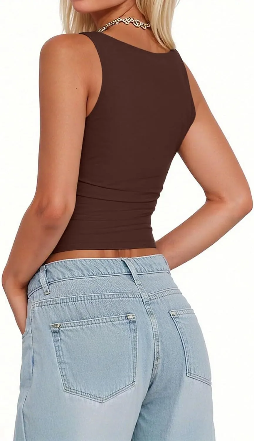 Women's Square Neck Double-Layer Tank Tops Sleeveless Basic Tight T Shirts Cropped Slim Fit Camisole