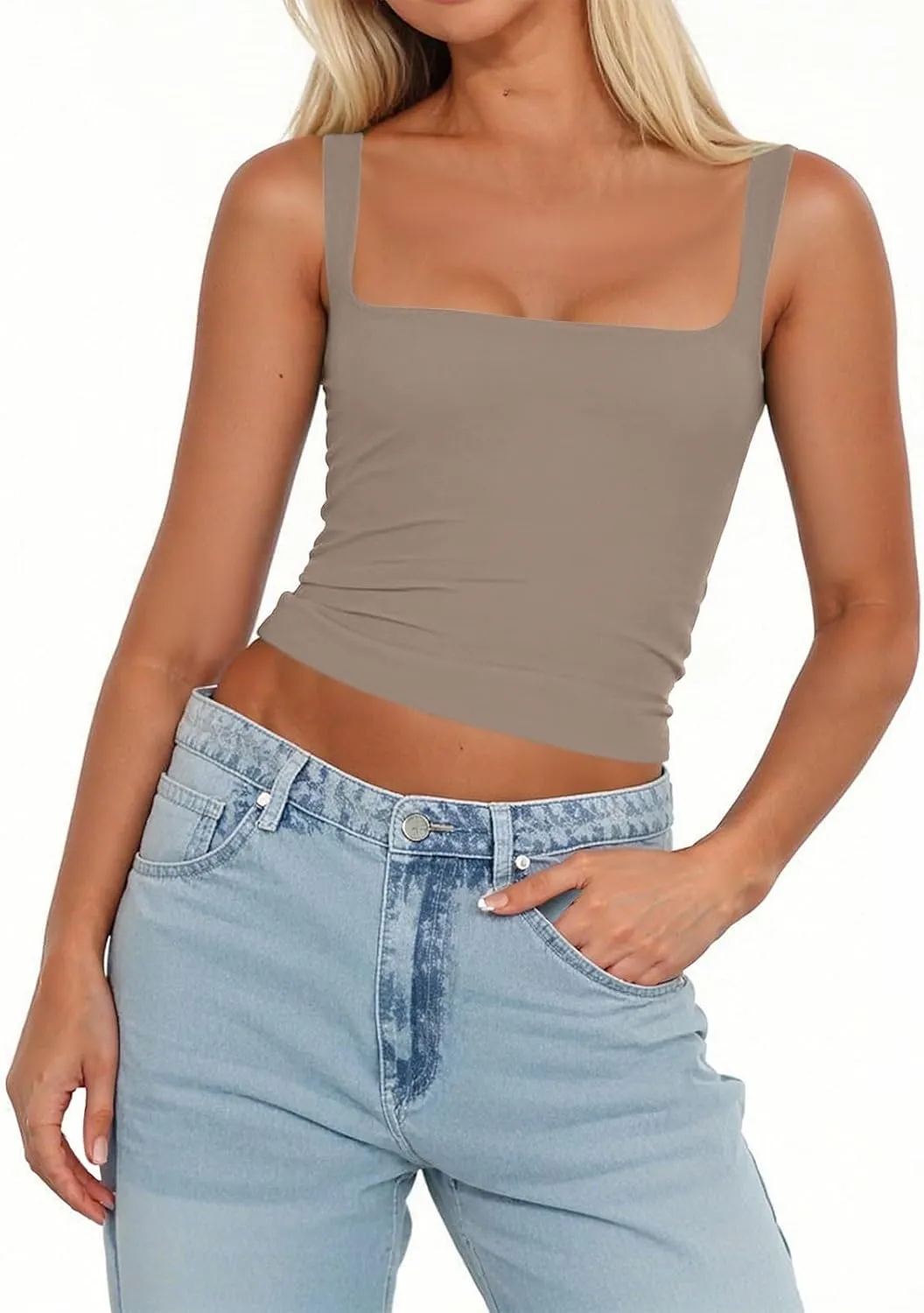 Women's Square Neck Double-Layer Tank Tops Sleeveless Basic Tight T Shirts Cropped Slim Fit Camisole