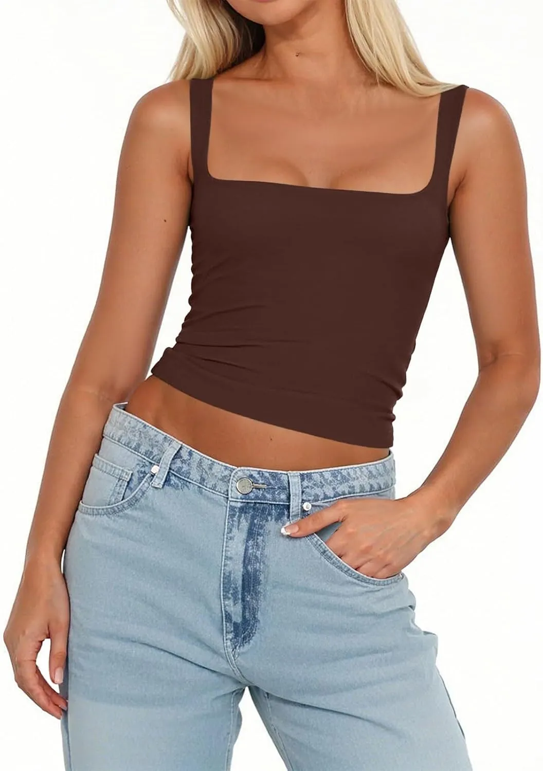 Women's Square Neck Double-Layer Tank Tops Sleeveless Basic Tight T Shirts Cropped Slim Fit Camisole