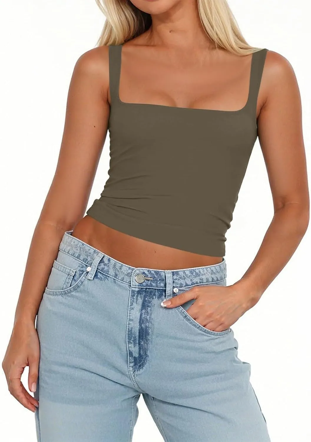 Women's Square Neck Double-Layer Tank Tops Sleeveless Basic Tight T Shirts Cropped Slim Fit Camisole