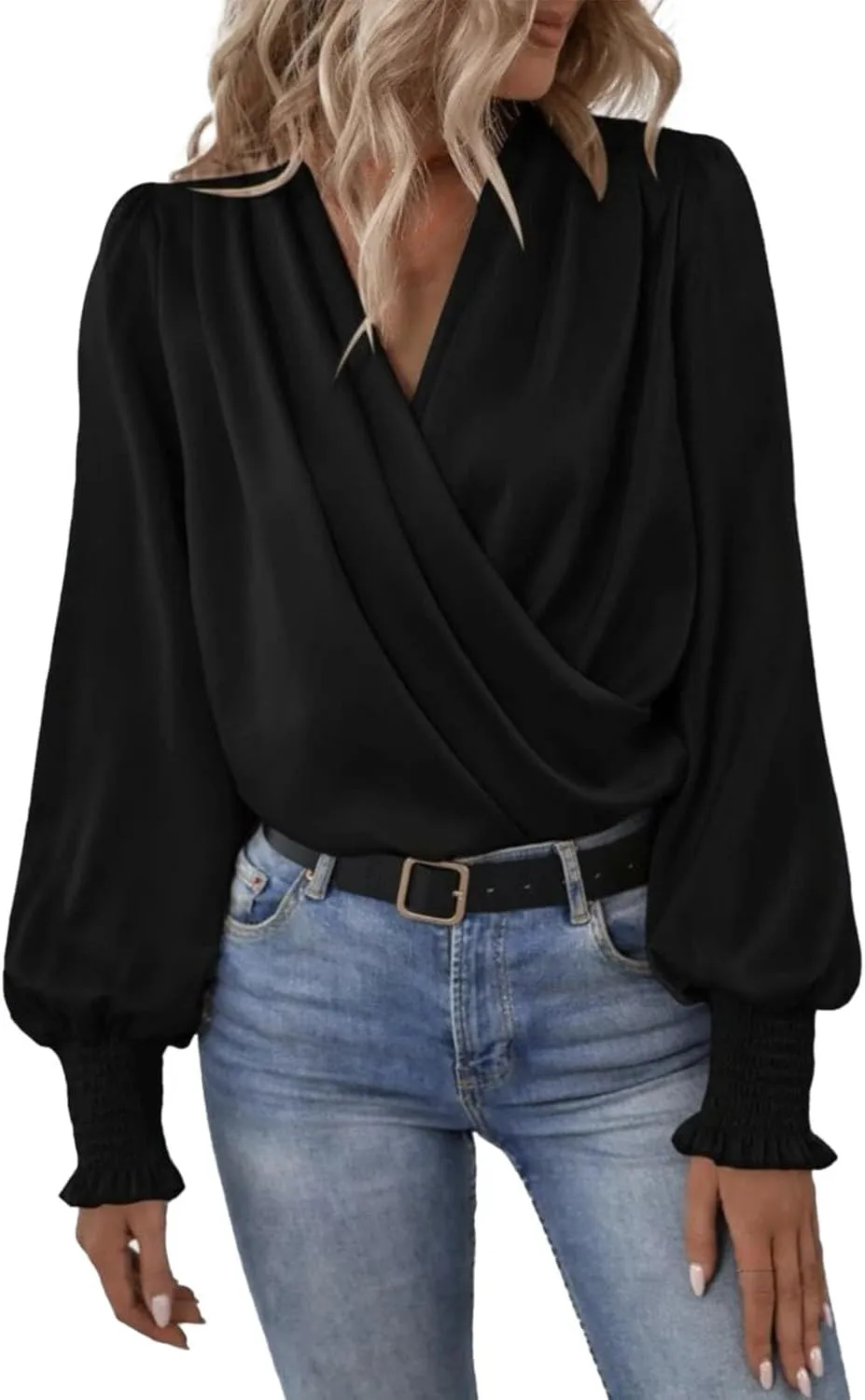 Womens Summer Tops 2024 Elegant Wrap Blouse V Neck Long Sleeve Dressy Casual Ruched Top…