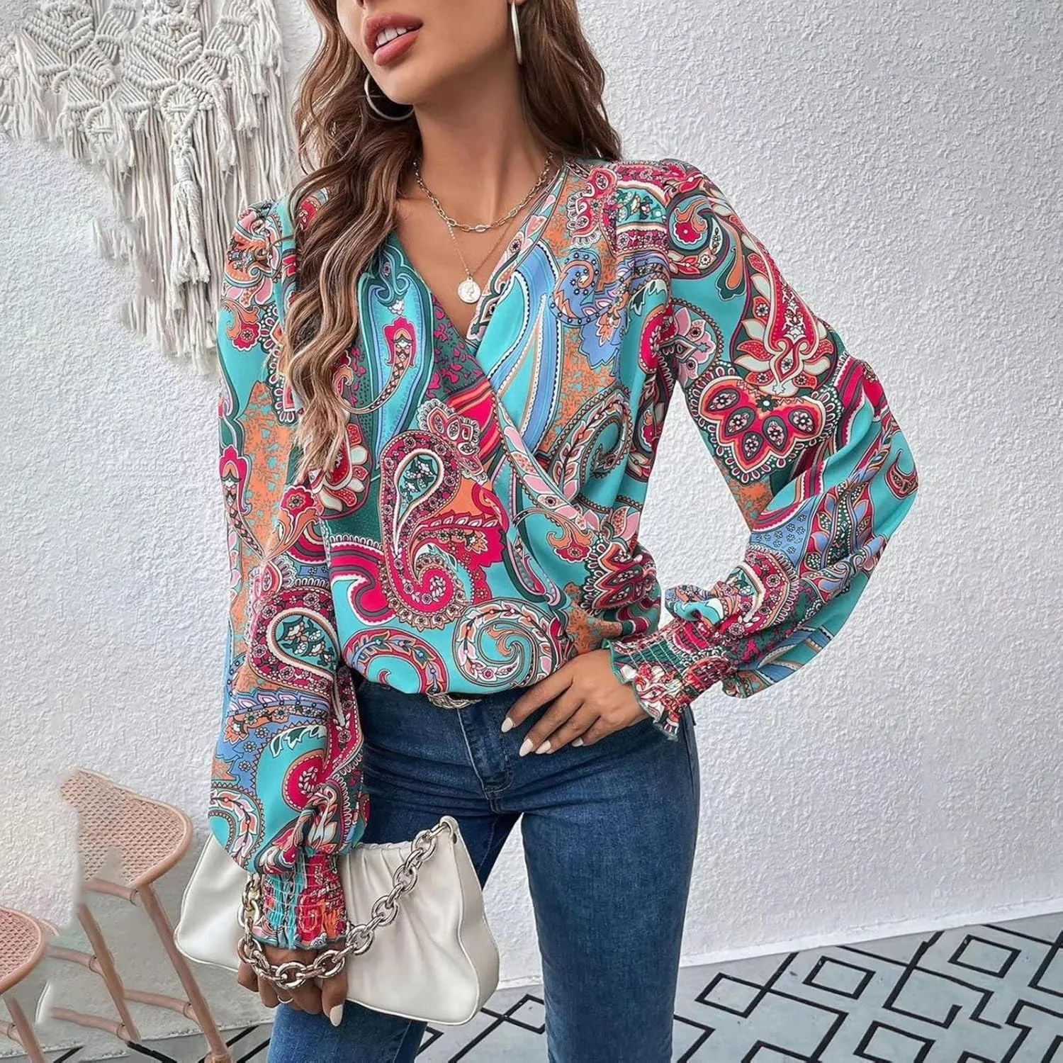Womens Summer Tops 2024 Elegant Wrap Blouse V Neck Long Sleeve Dressy Casual Ruched Top…