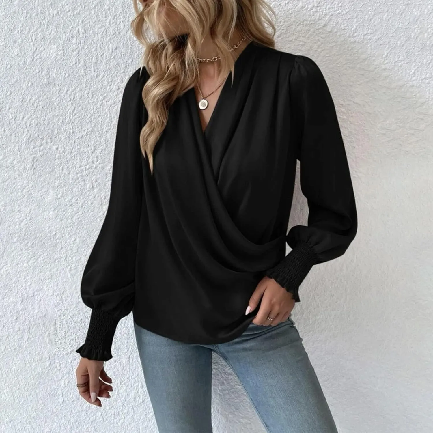 Womens Summer Tops 2024 Elegant Wrap Blouse V Neck Long Sleeve Dressy Casual Ruched Top…