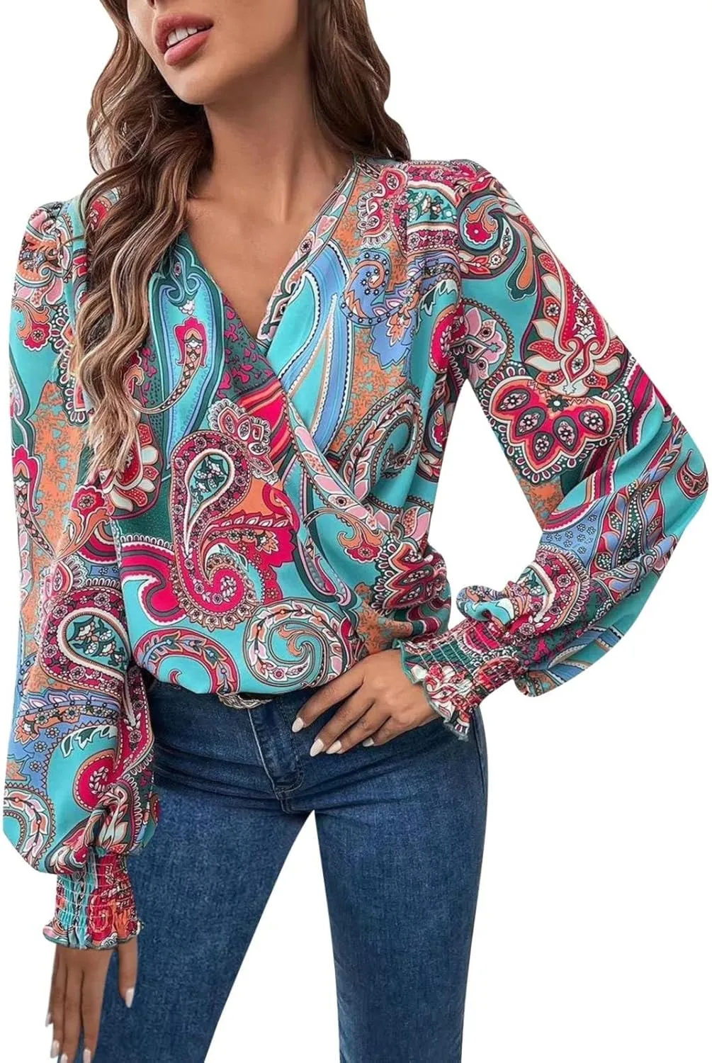 Womens Summer Tops 2024 Elegant Wrap Blouse V Neck Long Sleeve Dressy Casual Ruched Top…