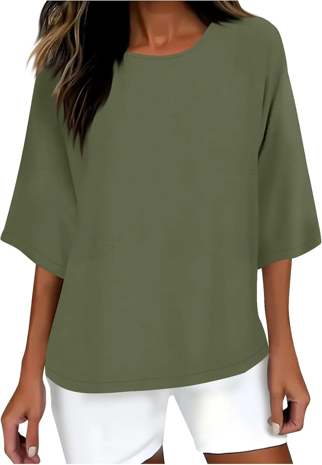 Womens Summer Tops Cotton Linen 3/4 Sleeve T Shirt Blouse Crewneck Solid Color Loose Fit Tunic Tees