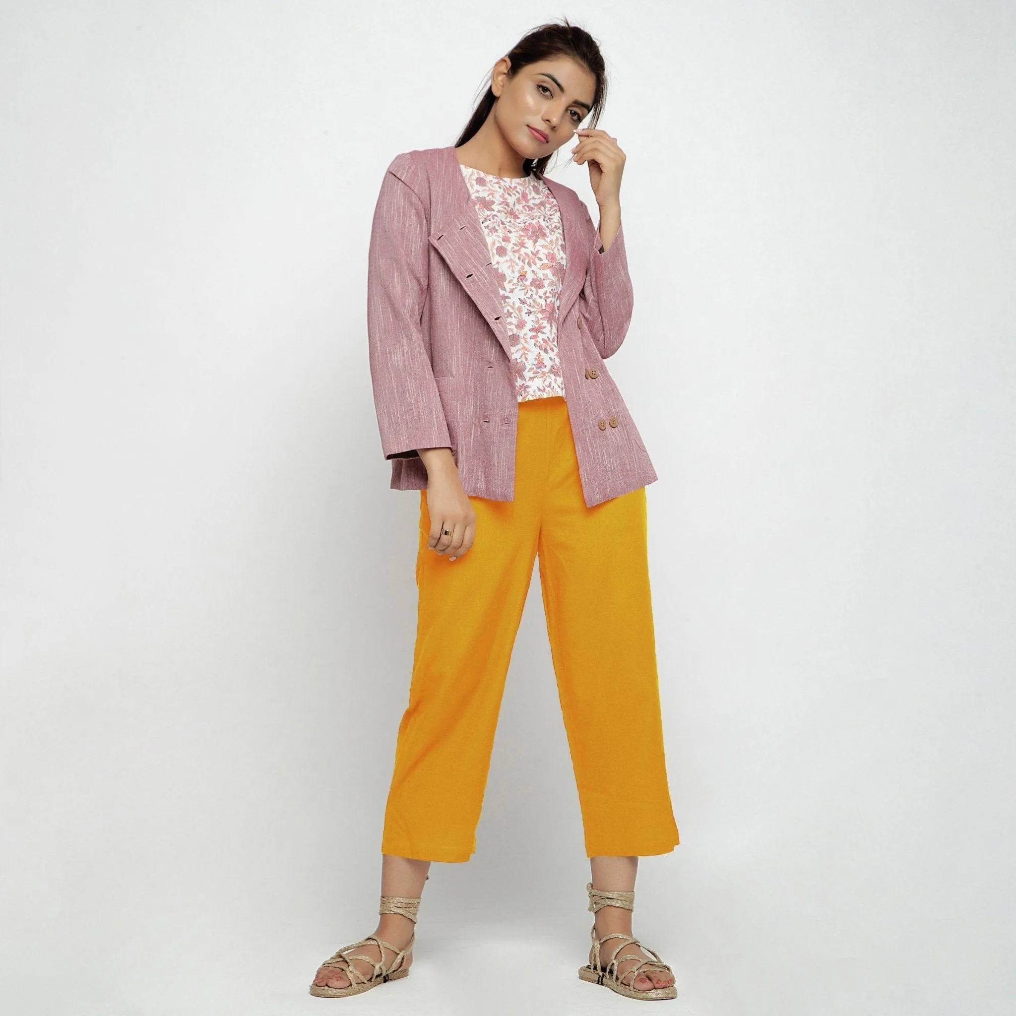 Yellow Cotton Flax Elasticated Midi-Rise Culottes