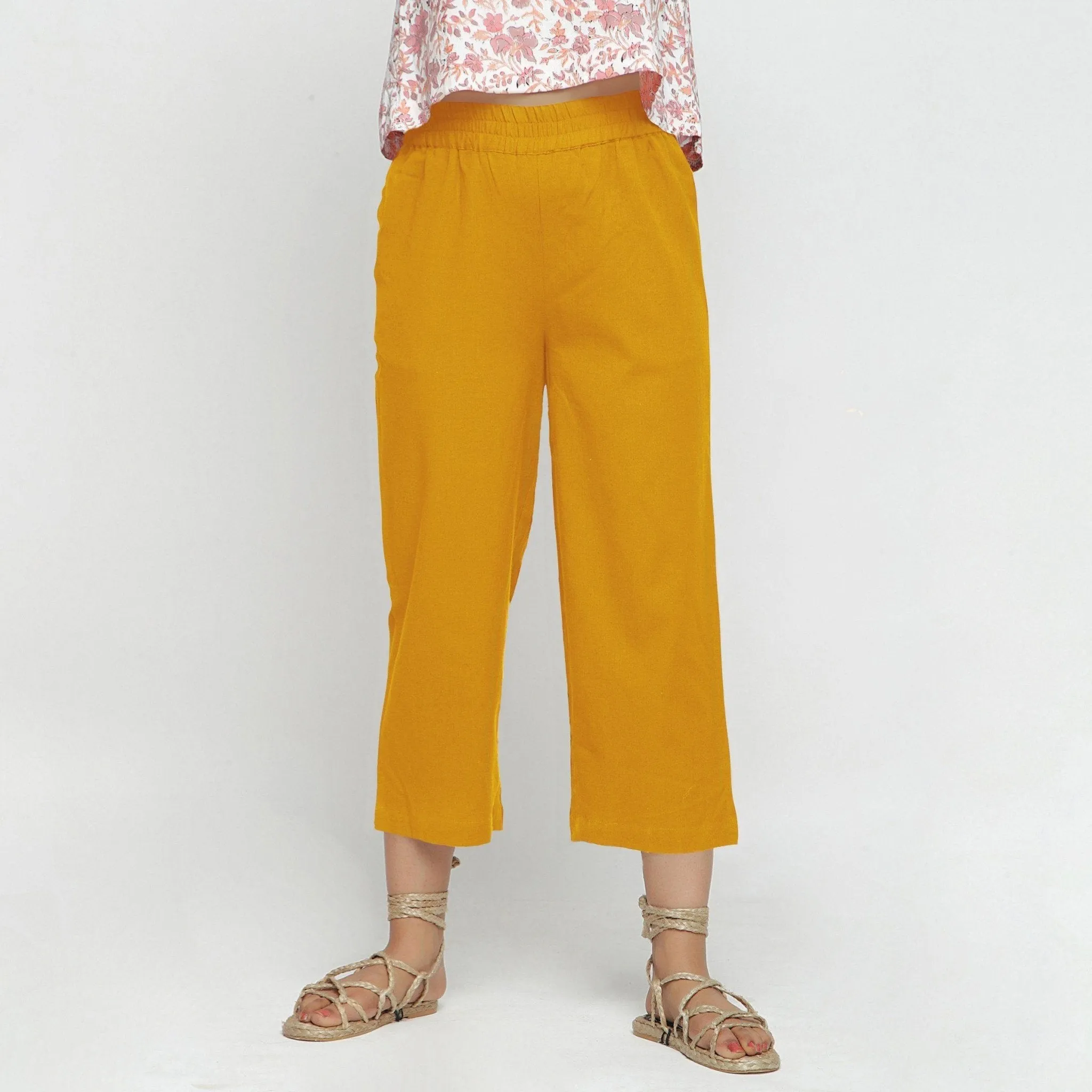 Yellow Cotton Flax Elasticated Midi-Rise Culottes