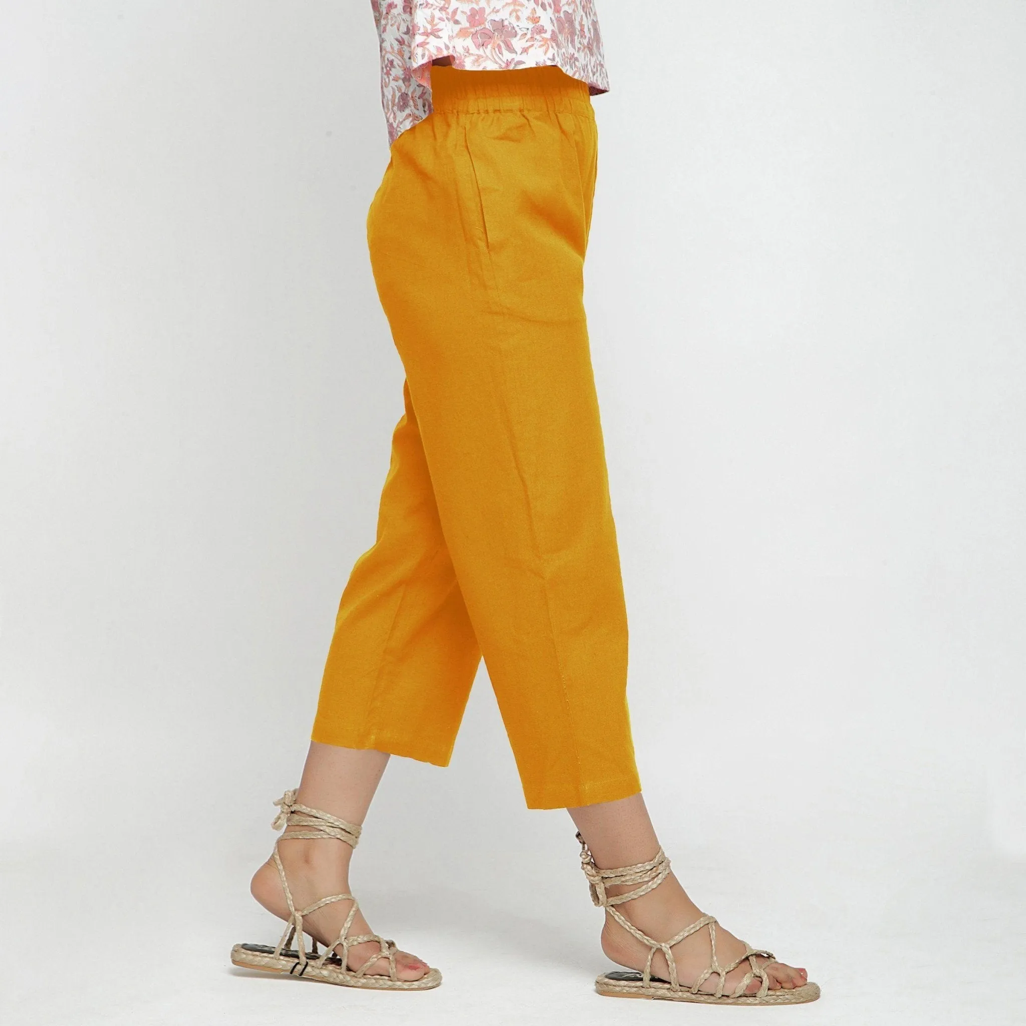 Yellow Cotton Flax Elasticated Midi-Rise Culottes