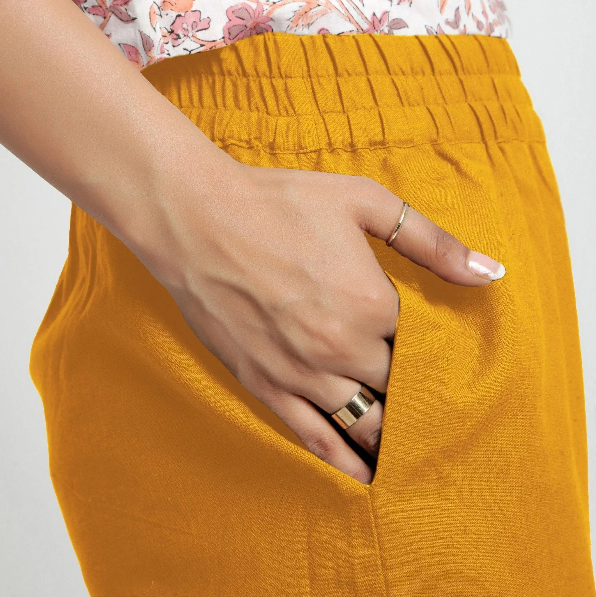 Yellow Cotton Flax Elasticated Midi-Rise Culottes