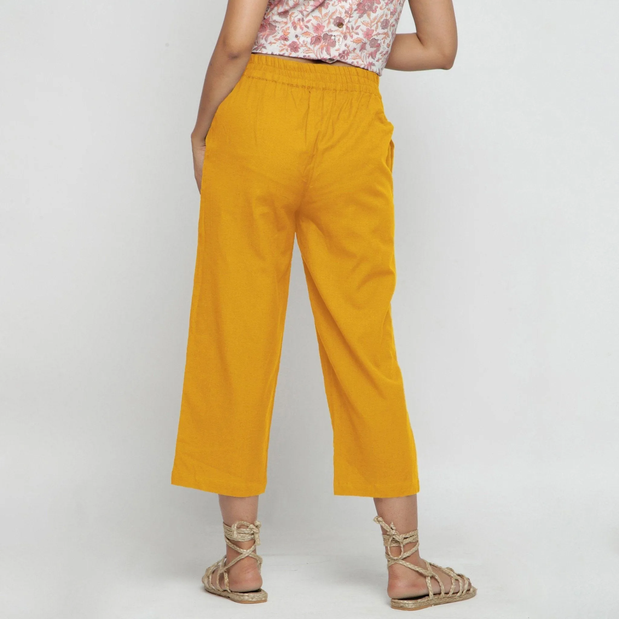 Yellow Cotton Flax Elasticated Midi-Rise Culottes